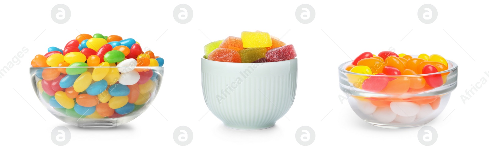 Image of Set of different sweet candies in bowls isolated on white