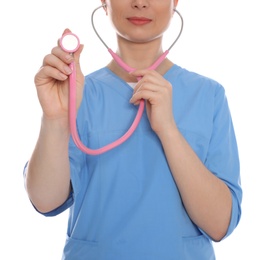 Photo of Medical doctor with stethoscope isolated on white, closeup