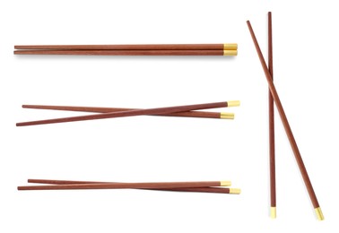 Image of Collage with wooden chopsticks isolated on white