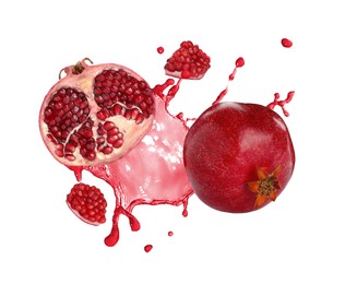 Image of Fresh ripe pomegranates and splash of juice on white background