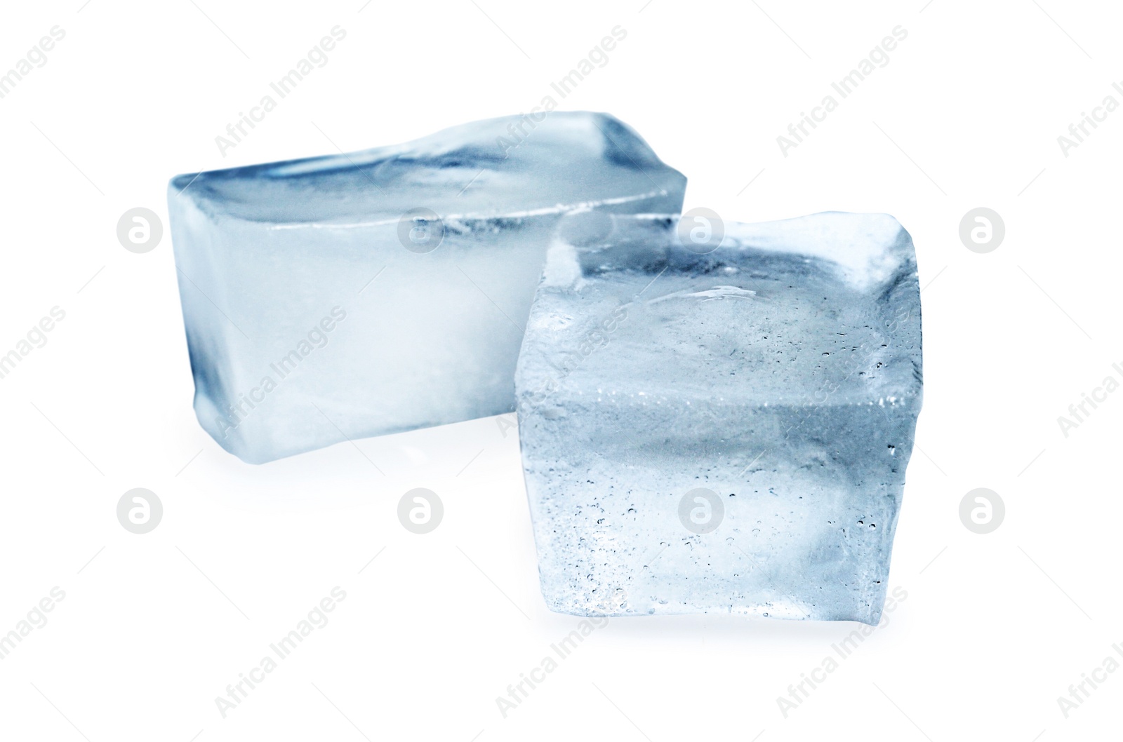 Photo of Ice cubes on white background. Frozen liquid