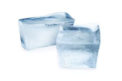 Ice cubes on white background. Frozen liquid