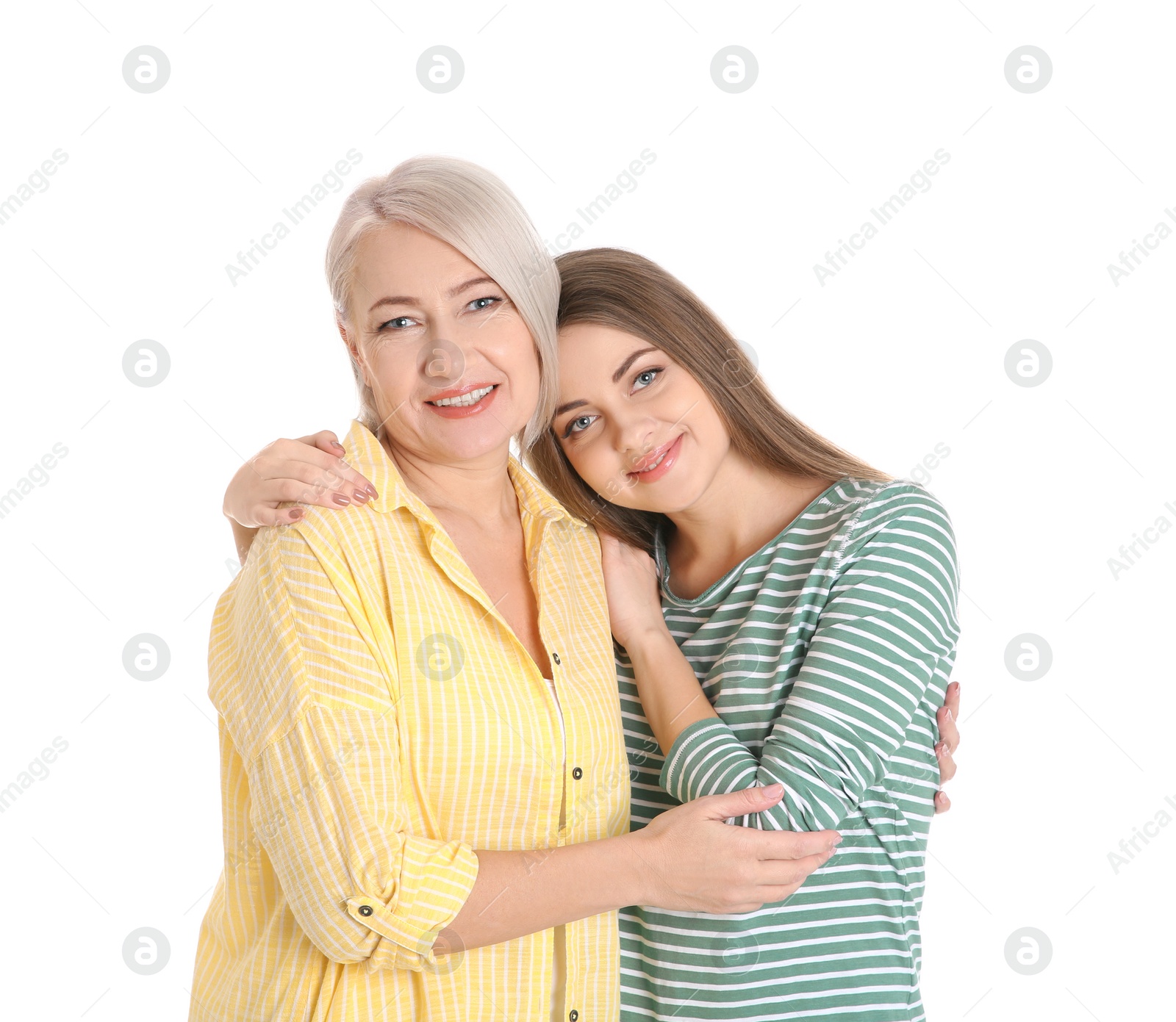 Photo of Portrait of young woman with her mature mother on white background