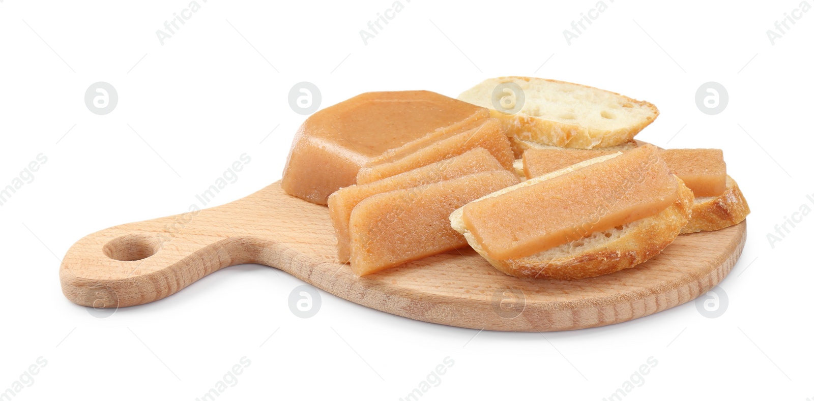 Photo of Delicious sweet quince paste and bread isolated on white