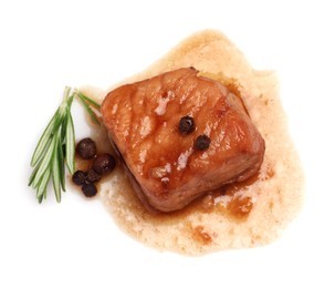 Photo of Piece of delicious cooked beef, rosemary and peppercorns isolated on white, top view. Tasty goulash