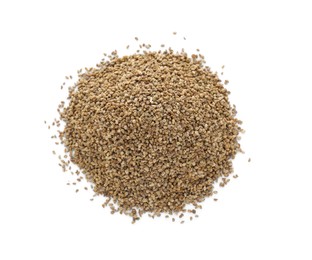 Photo of Pile of celery seeds isolated on white, top view