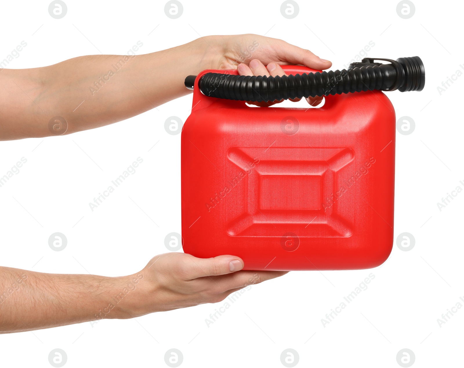 Photo of Man holding red canister on white background, closeup