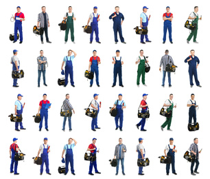 Image of Collage with photos of plumbers on white background