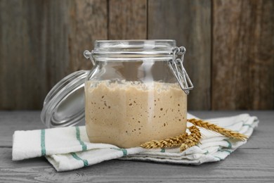 Leaven and ears of wheat on grey wooden table