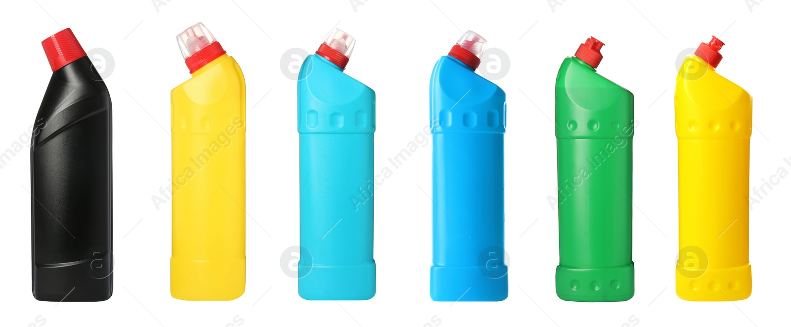 Image of Set with bottles of different cleaning products on white background, banner design. Household chemicals