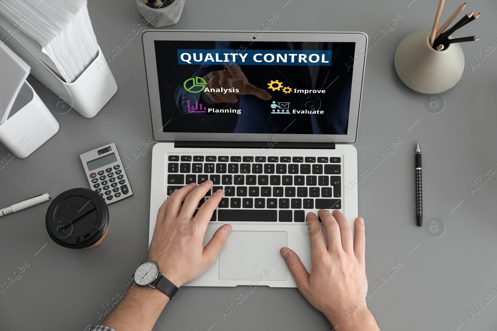 Image of Quality control service. Man using modern laptop at table