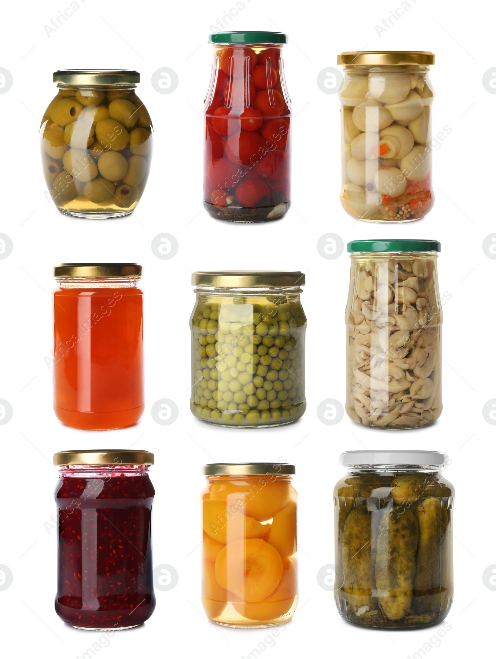Image of Set of jars with jams and pickled foods on white background