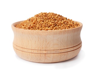 Photo of Wooden bowl with mustard seeds on white background. Different spices