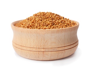 Wooden bowl with mustard seeds on white background. Different spices