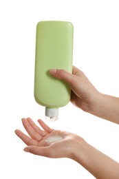 Photo of Woman holding bottle of shower gel on white background, closeup. Mockup for design