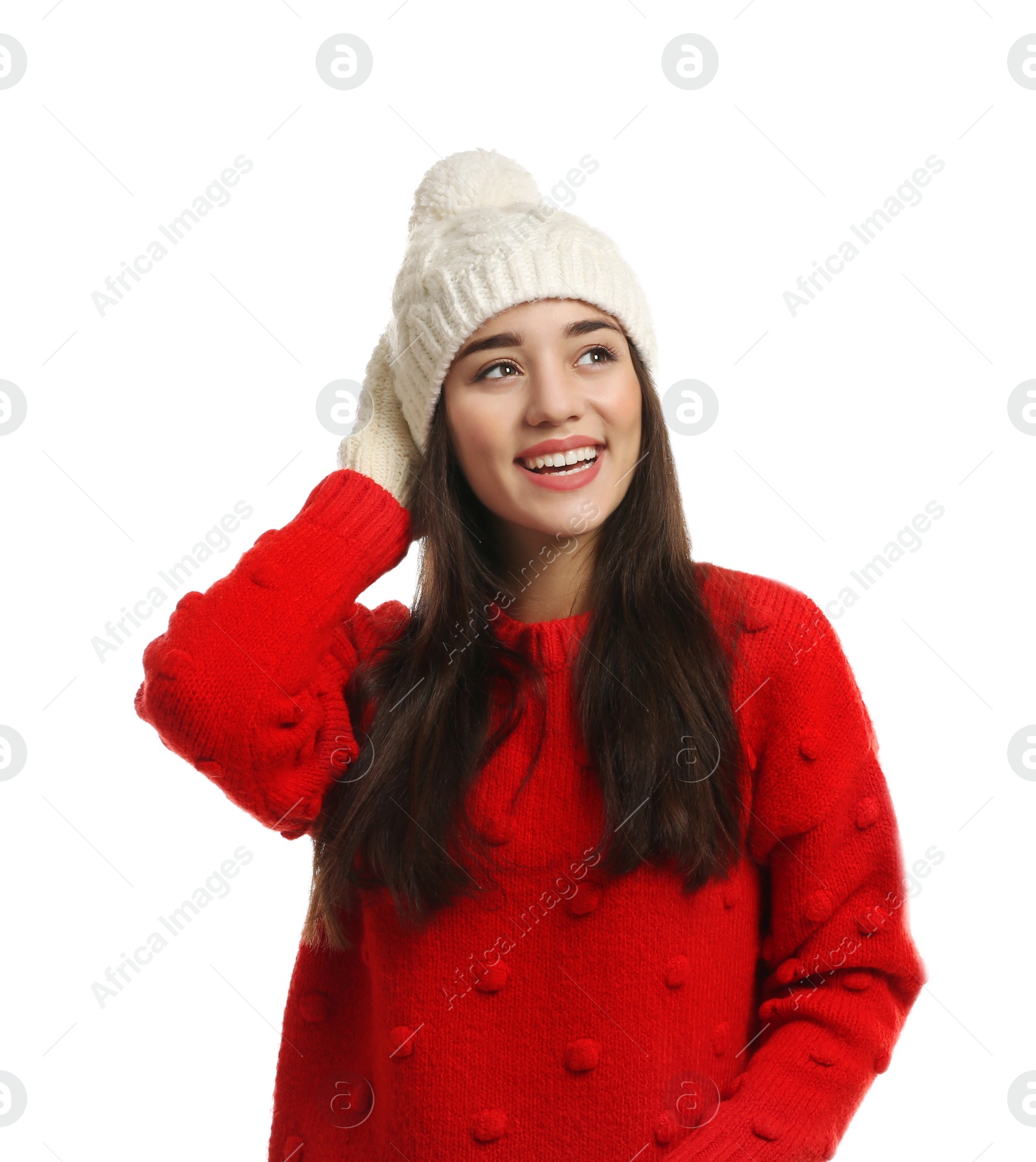 Photo of Young woman wearing warm clothes on white background. Winter season