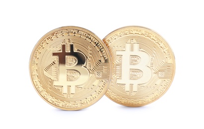 Shiny bitcoins isolated on white. Digital currency