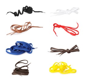 Image of Set with different shoe laces on white background
