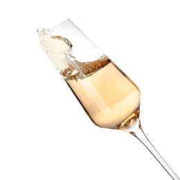 Glass of champagne on white background. Festive drink