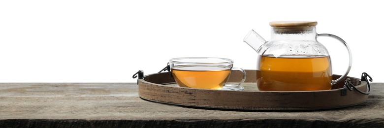 Photo of Tray with refreshing green tea in cup and teapot on wooden table against white background