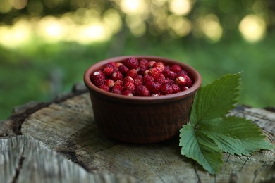 Bowl of tasty wild strawberries and green leaves on stump against blurred background