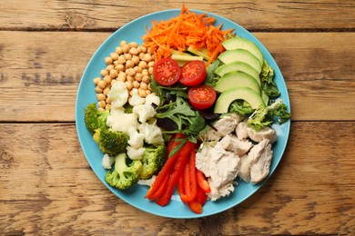 Balanced diet and healthy foods. Plate with different delicious products on wooden table, top view