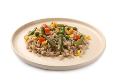 Photo of Delicious pearl barley with vegetables isolated on white