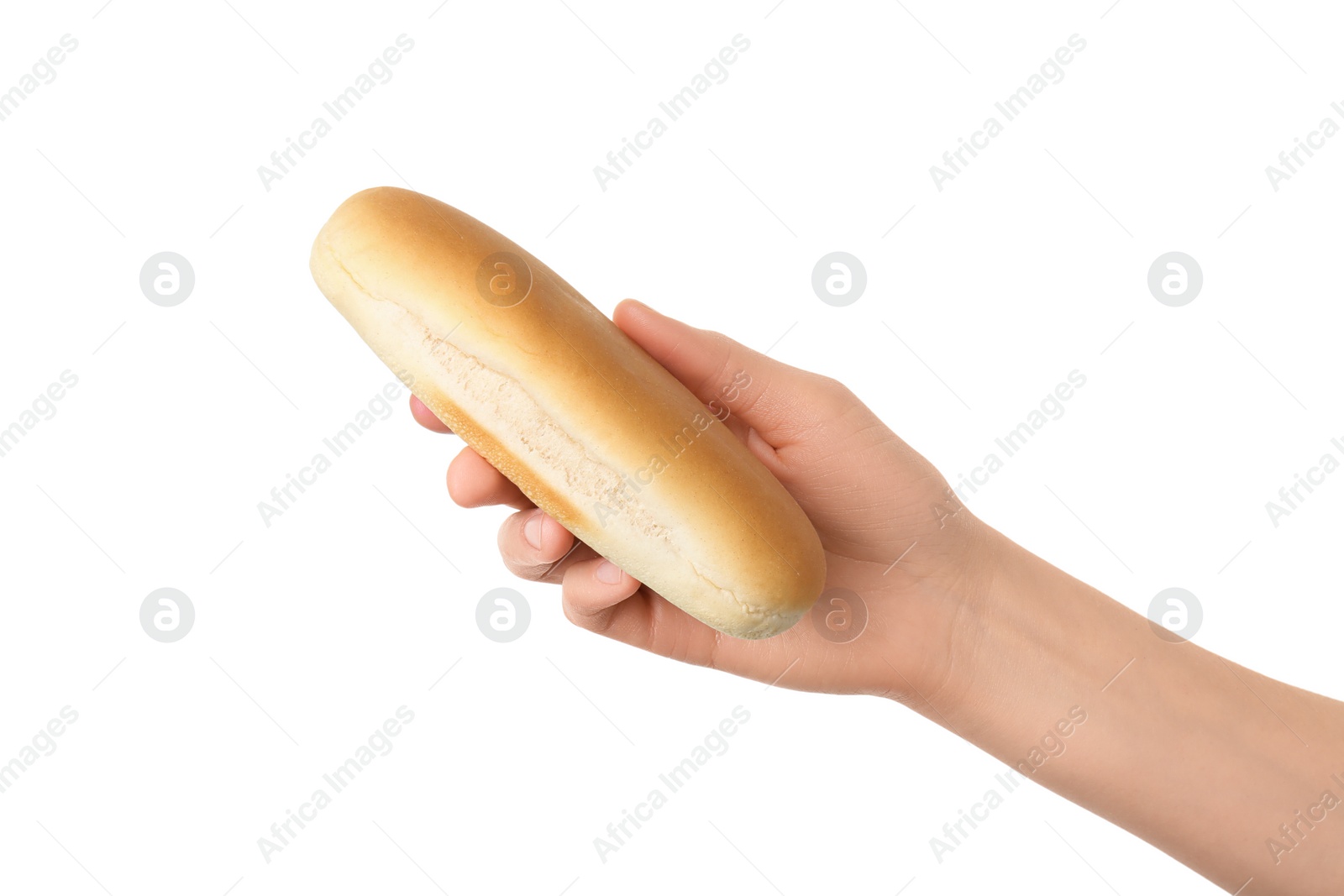 Photo of Woman with fresh hot dog bun on white background, closeup