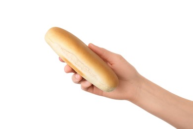 Woman with fresh hot dog bun on white background, closeup