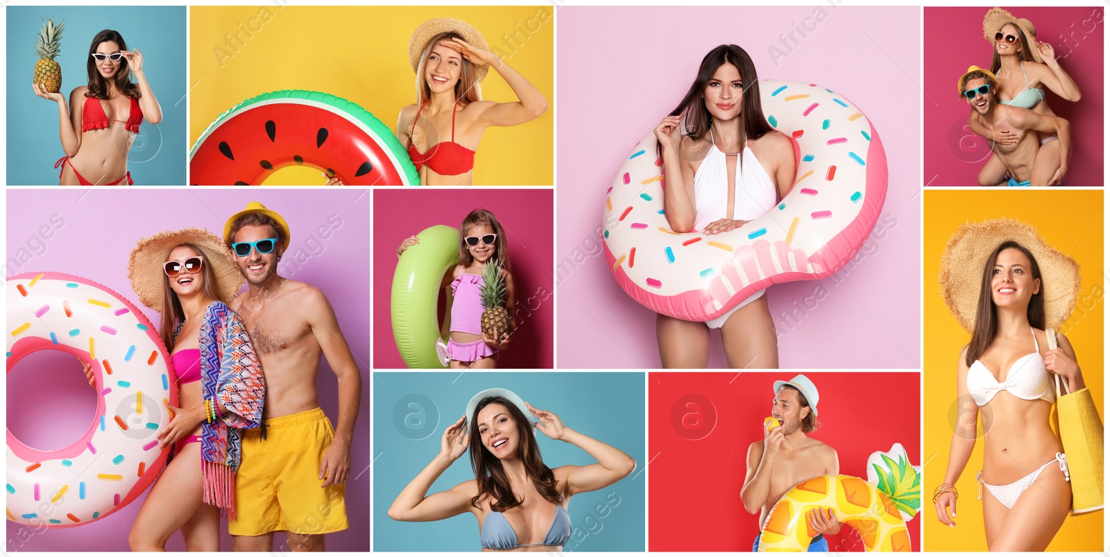 Image of Collage with beautiful photos themed to summer party and vacation. Happy people wearing swimsuits on different color backgrounds