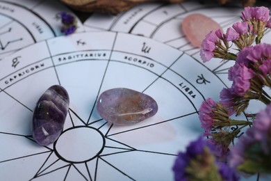 Photo of Astrology prediction. Zodiac wheels, flowers and gemstones, closeup