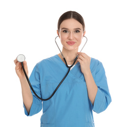 Photo of Portrait of doctor with stethoscope on white background