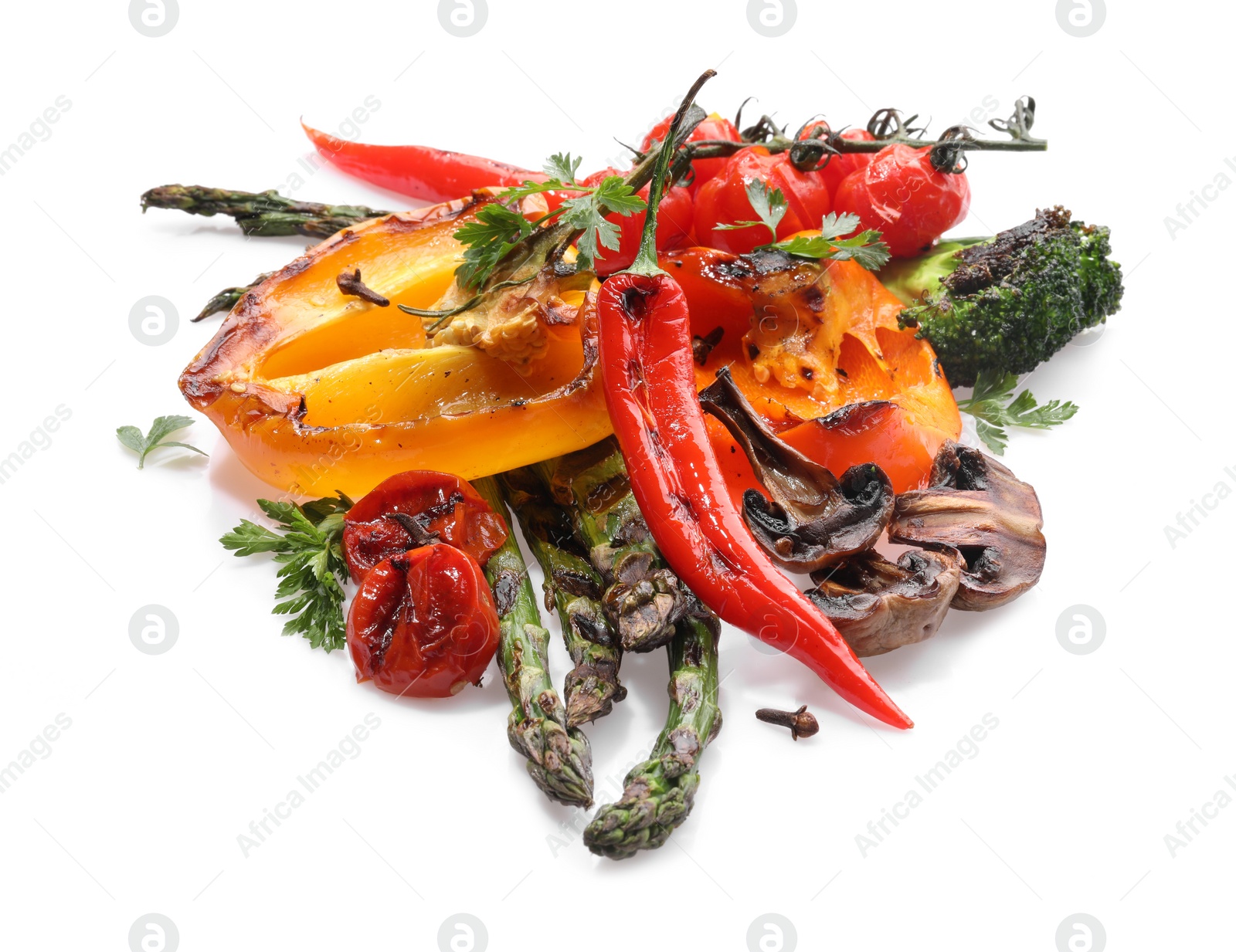 Photo of Different delicious grilled vegetables isolated on white