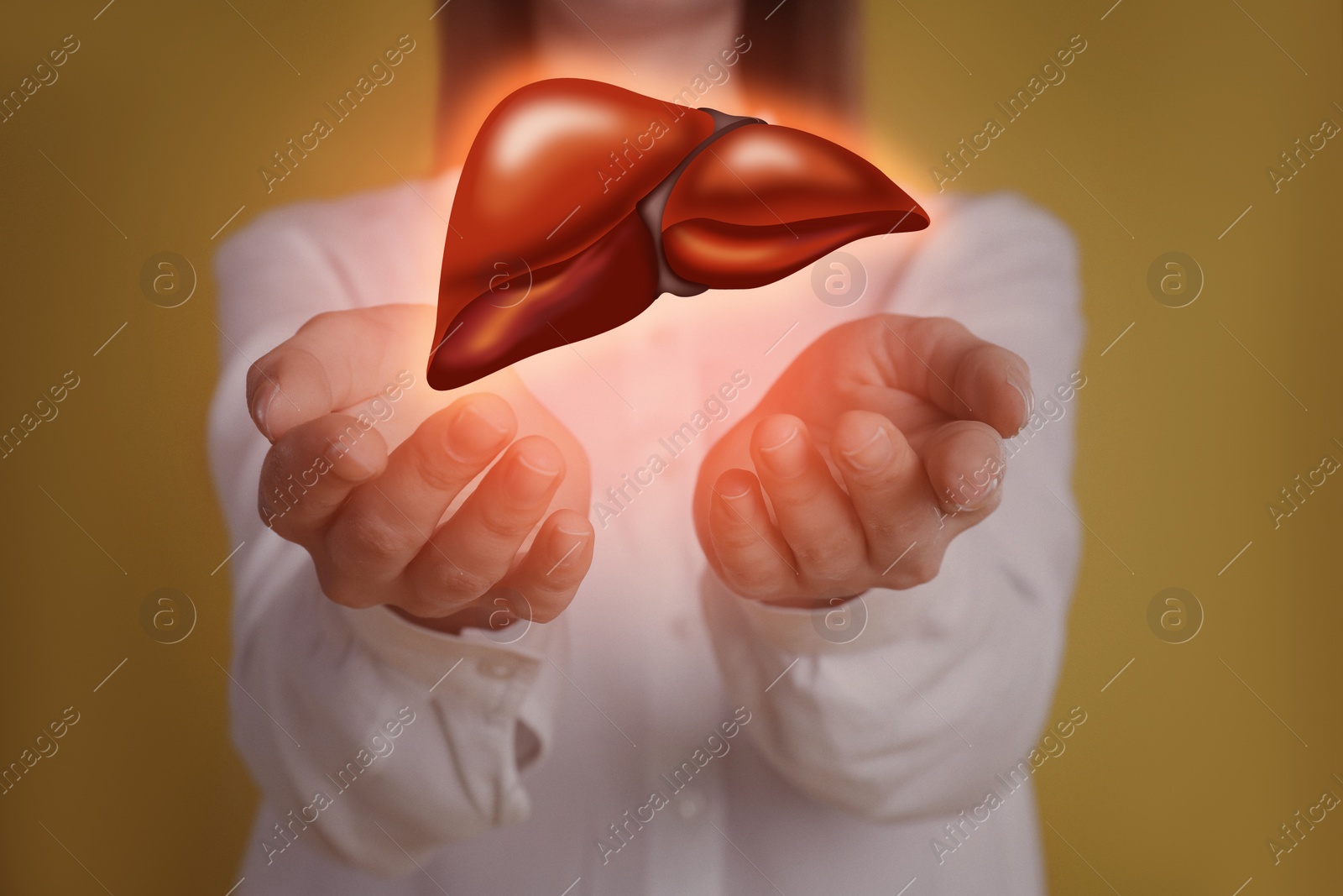 Image of Woman and illustration of unhealthy liver on yellow background. Hepatitis disease