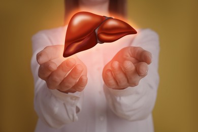 Woman and illustration of unhealthy liver on yellow background. Hepatitis disease