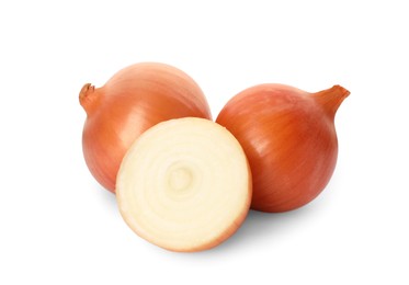 Photo of Whole and cut onions on white background