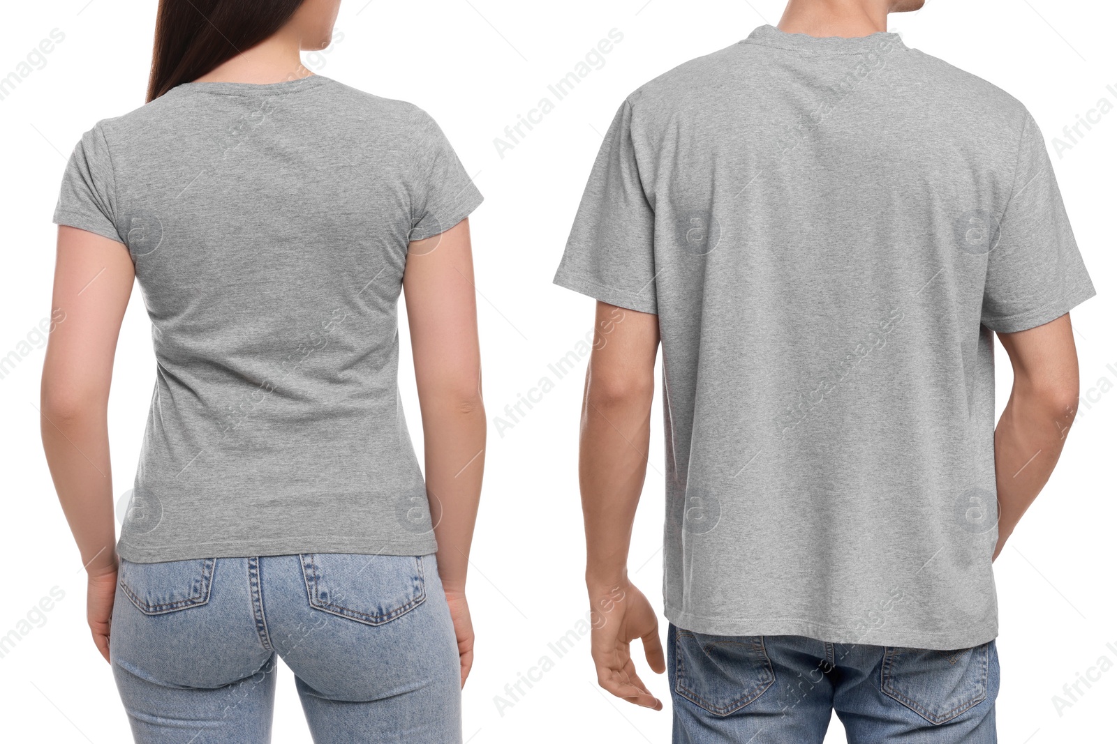 Image of People wearing grey t-shirts on white background, back view. Mockup for design