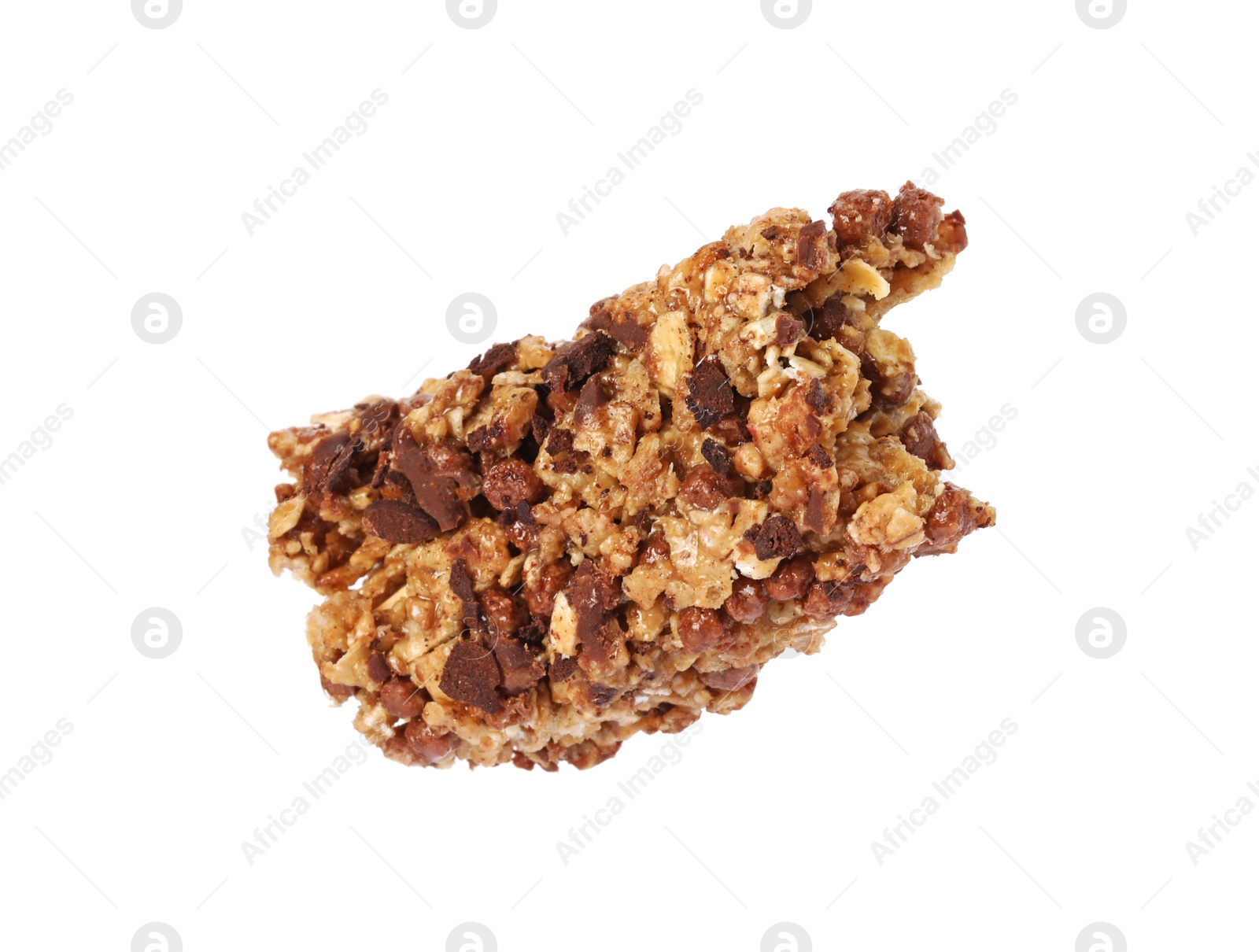 Photo of One piece of tasty granola bar isolated on white