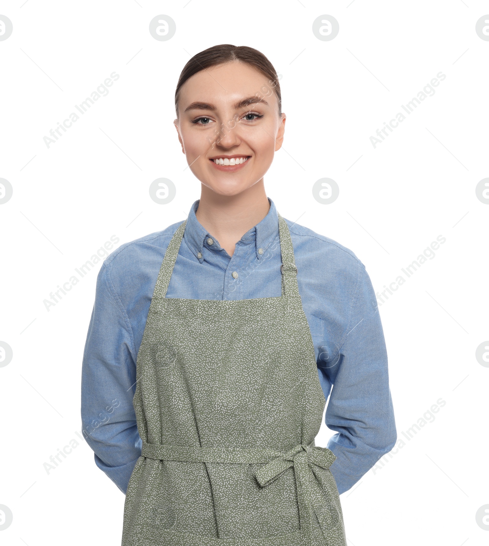 Photo of Beautiful young woman in clean apron on white background