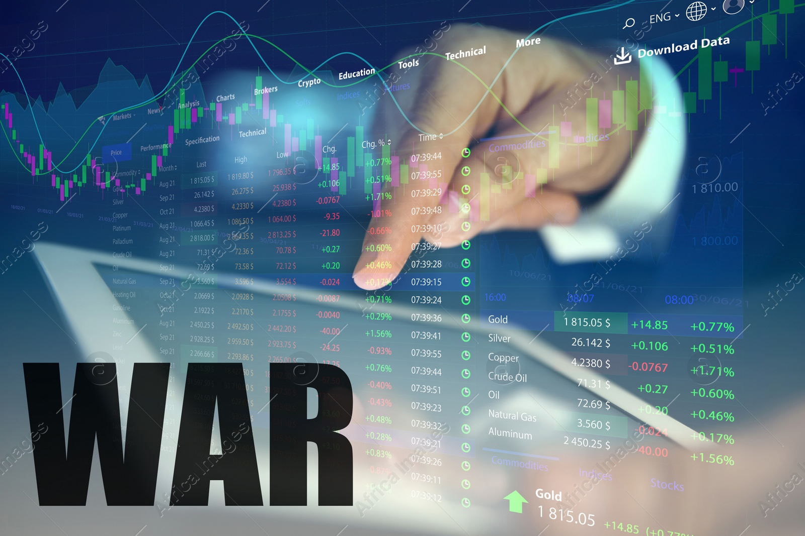 Image of Influence of war on stock exchange. Man using tablet and illustration of rating graph