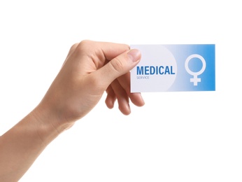 Photo of Girl holding medical business card isolated on white, closeup. Women's health service