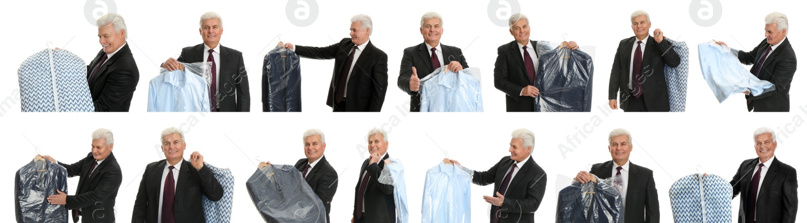 Image of Collage of mature man holding hanger with clothes on white background. Dry-cleaning service