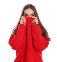 Photo of Beautiful young woman in red sweater on white background. Winter season