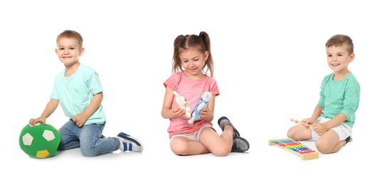 Collage of cute little children playing on white background