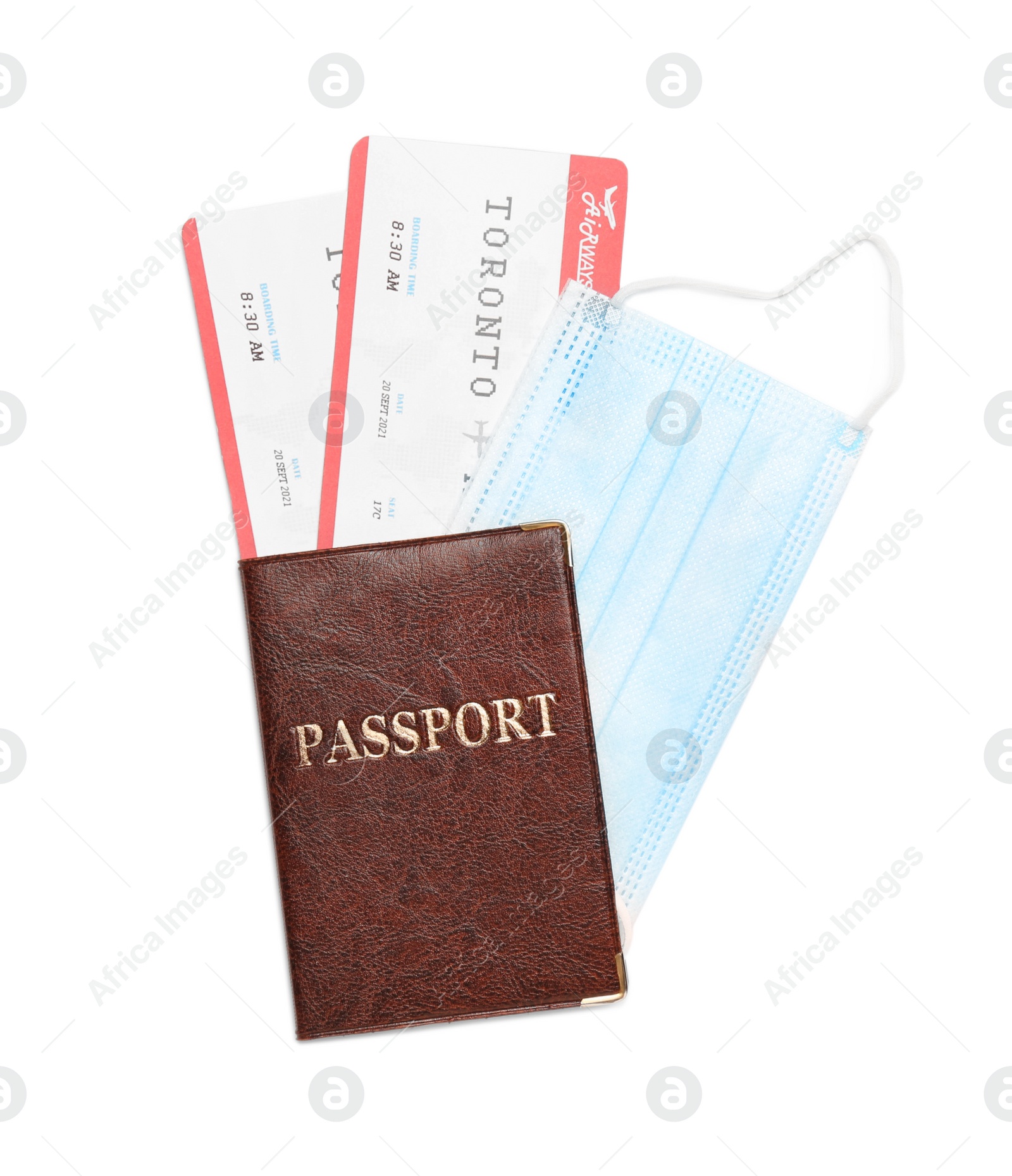 Photo of Passport, tickets and protective mask on white background, top view. Travel during quarantine