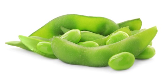 Fresh green edamame pods and beans on white background