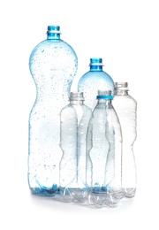 Photo of Plastic bottles on white background. Recycle concept