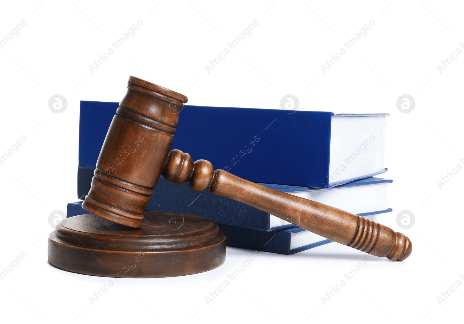 Photo of Wooden gavel and books on white background. Law concept