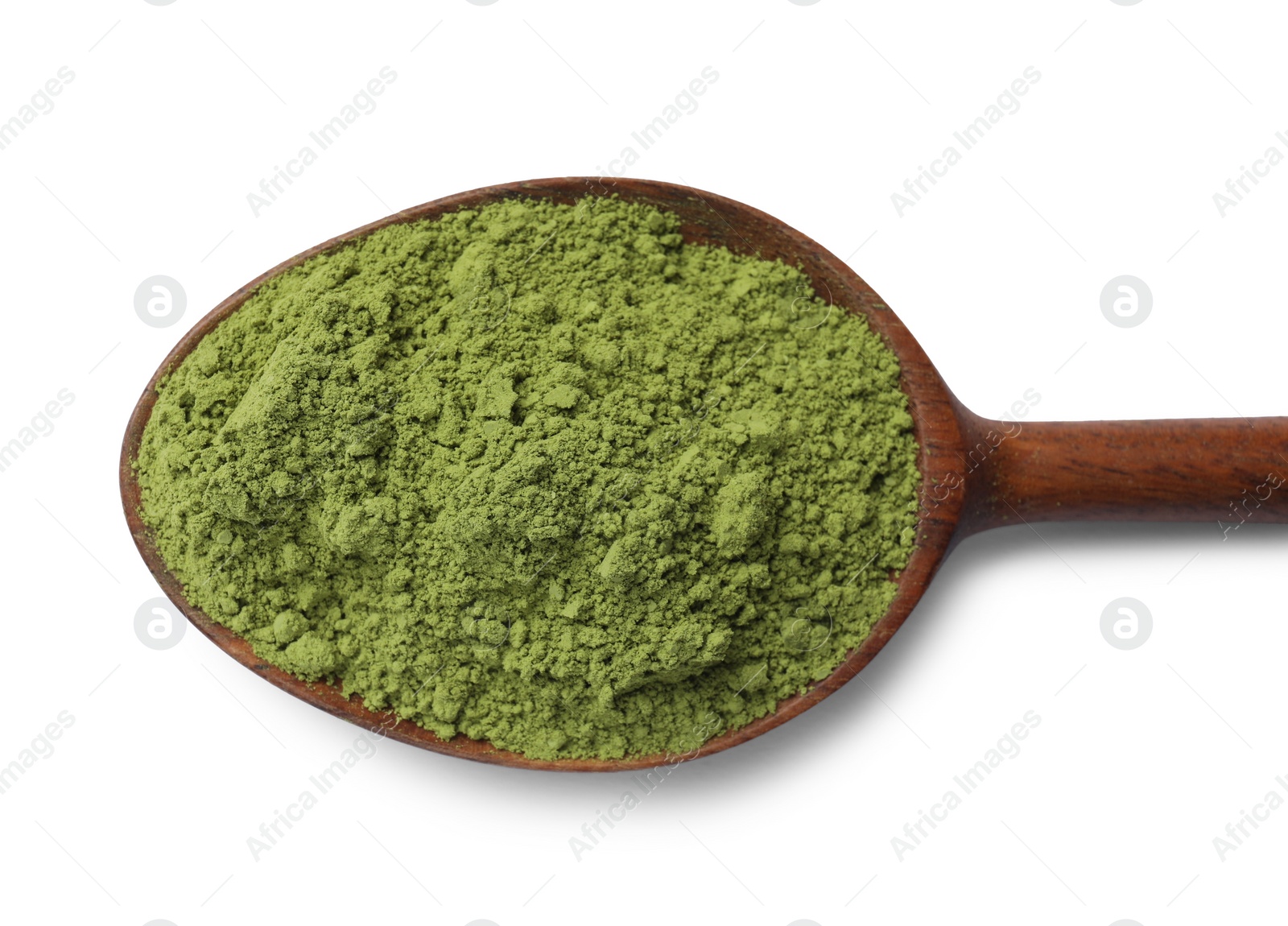 Photo of Spoon of green matcha powder isolated on white, top view