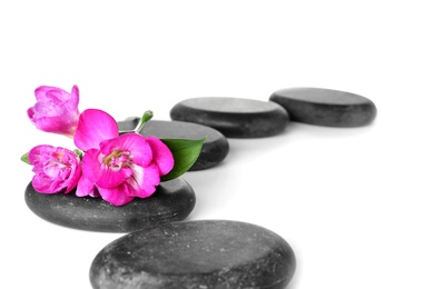 Photo of Spa stones and freesia flowers on white background